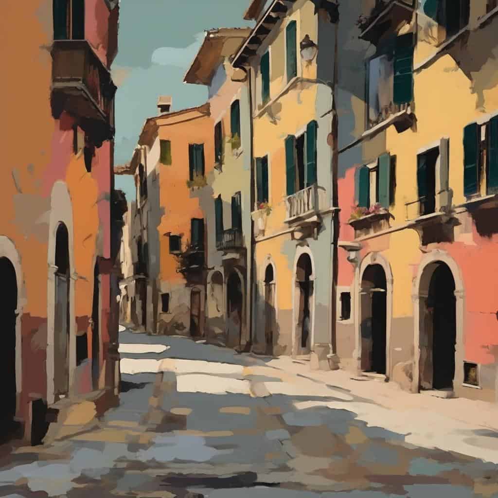 Ανθρώπινη πόλη με πολύχρωμα κτίρια και ήσυχη ατμόσφαιρα, που αναδεικνύει την τέχνη ως μέσο κοινωνικού διαλόγου και πολιτιστικής έκφρασης.