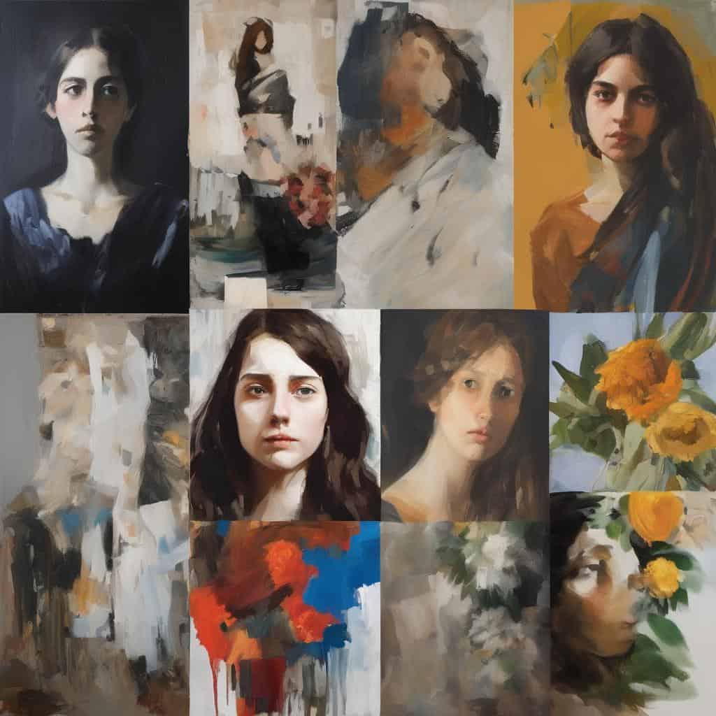 Ανθρώπινες πορτρέτες και αφαιρετικά έργα τέχνης με εστιάσεις στη κοινωνικότητα και την τέχνη ως μέσο διαλόγου.