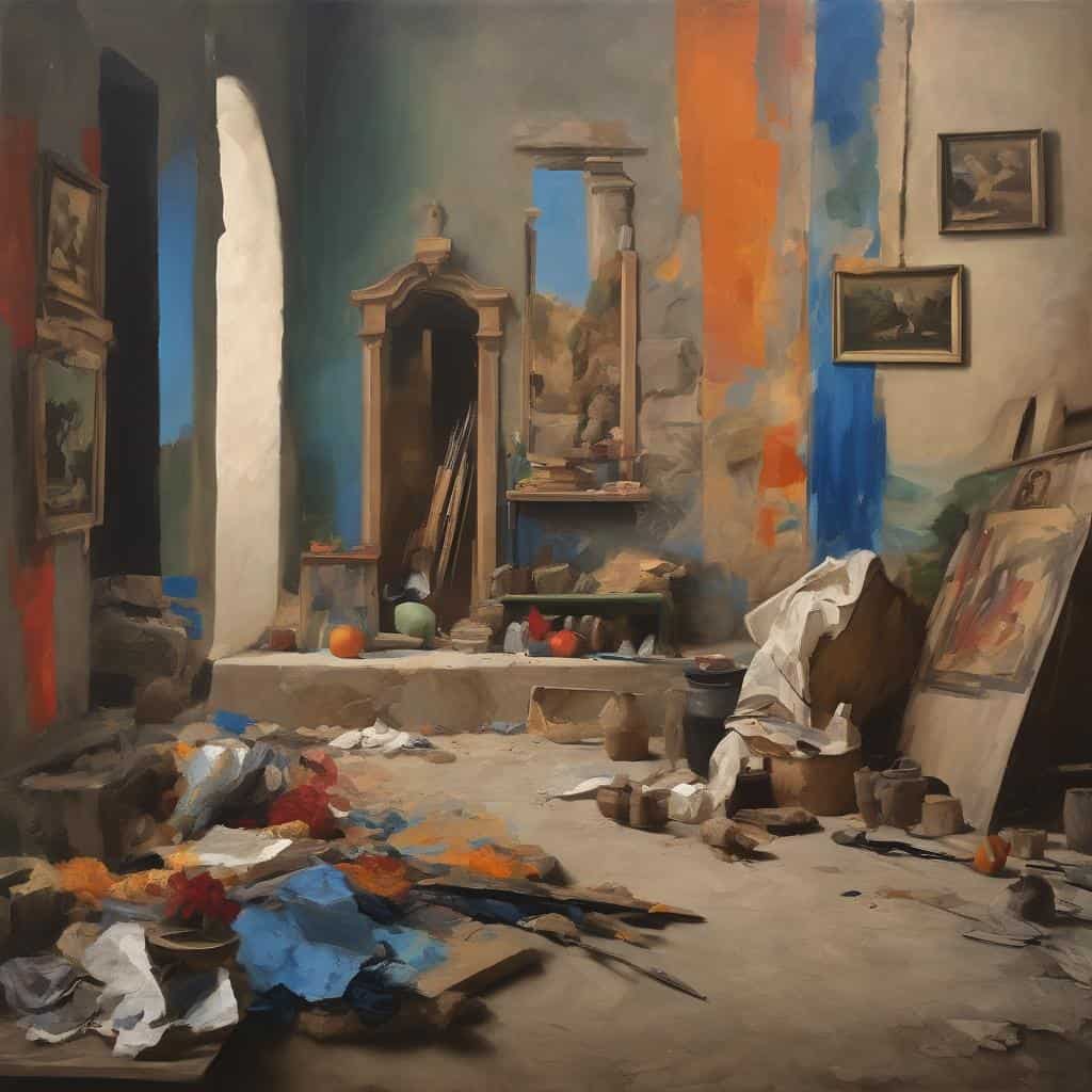 Αντικείμενο τέχνης σε ακατάστατο εργαστήριο ζωγραφικής, πινέλα, καμβάδες και έργα τέχνης, εκφράζοντας τον κοινωνικό διάλογο μέσω της τέχνης και της δημιουργικότητας.