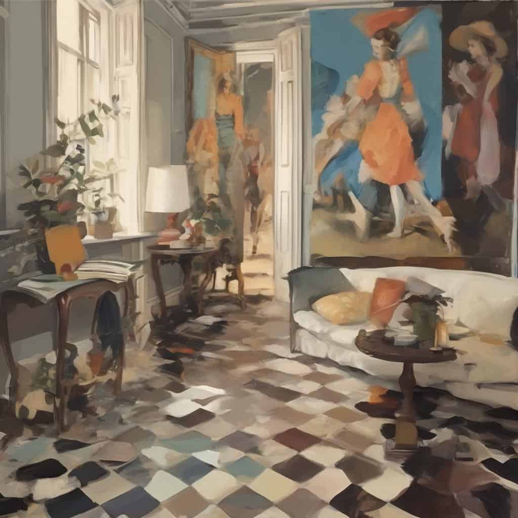 Παραδοσιακός εσωτερικός χώρος με έργα τέχνης, ζωγραφικά έργα, διακόσμηση με πίνακες και έπιπλα, αναδεικνύοντας το ρόλο της τέχνης ως μέσο κοινωνικού διαλόγου και πολιτιστικής έκφρασης.