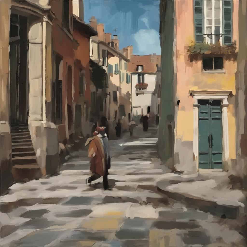 Παλιά πόλη με καλλιτεχνική ατμόσφαιρα και ανθρώπους που περπατούν στους δρόμους.