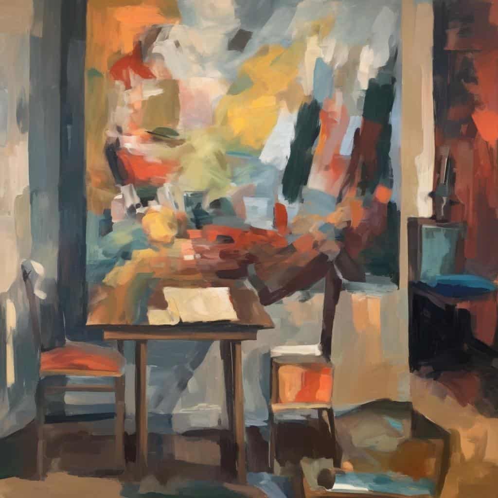 Ζωγραφιά με έπιπλα και διακόσμηση σε εντυπωσιακό αφηρημένο στυλ, εξέλιξη της τέχνης ως μέσο κοινωνικού διαλόγου, πολυτελής εσωτερική διακόσμηση, σύγχρονη τέχνη.