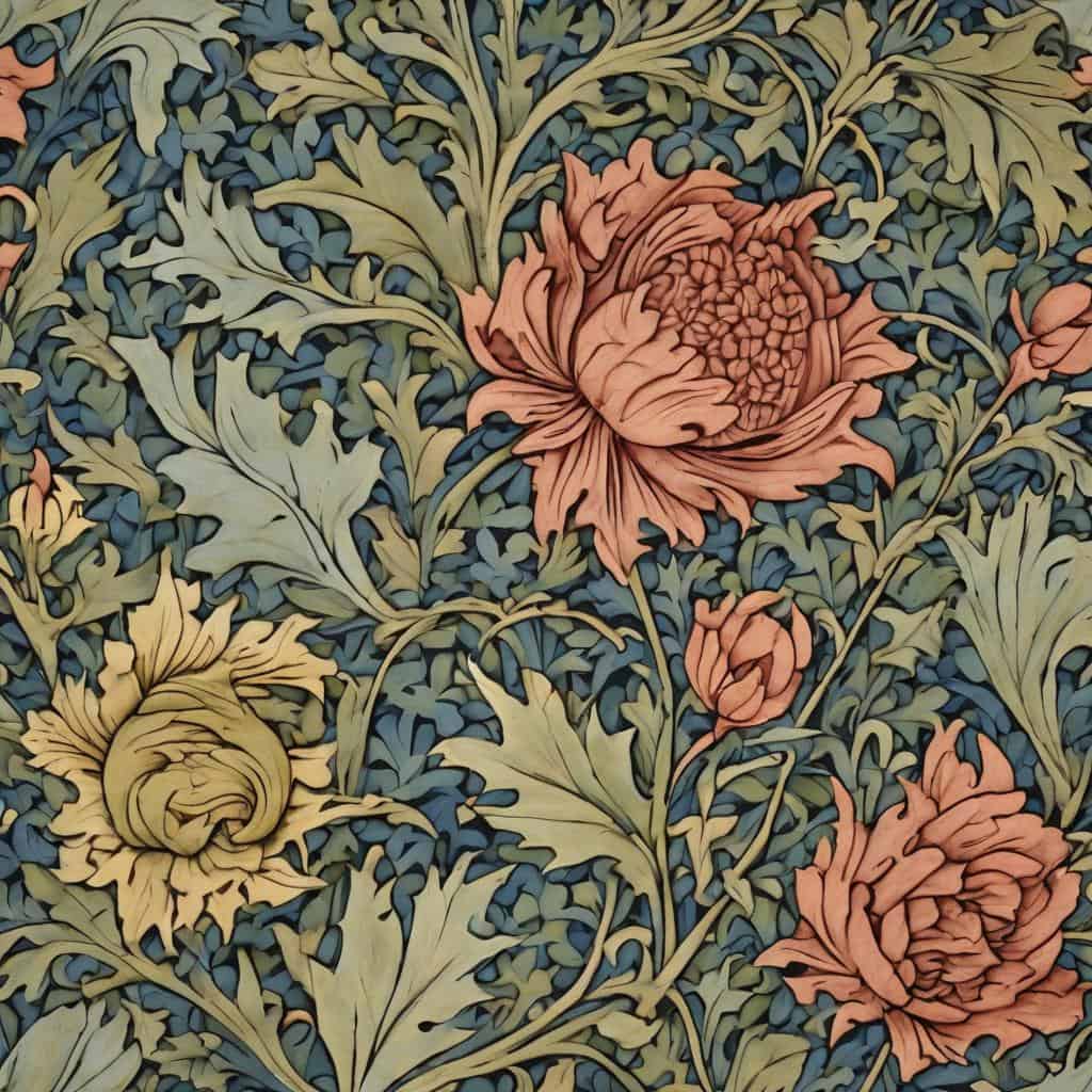 Ανθισμένα λουλούδια και φύλλα σε λεπτομερή σχεδίαση, αναδεικνύοντας την καλλιτεχνική δημιουργία και την κοινωνική διάδραση μέσω της τέχνης.